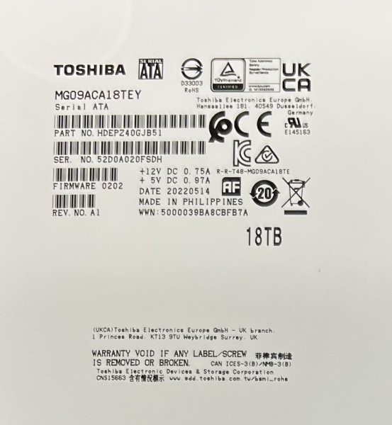 Toshiba MG09ACA18TEY MG09 Series 18TB 3.5" 6Gb/s SATA Enterprise HDD MG09ACA18TE